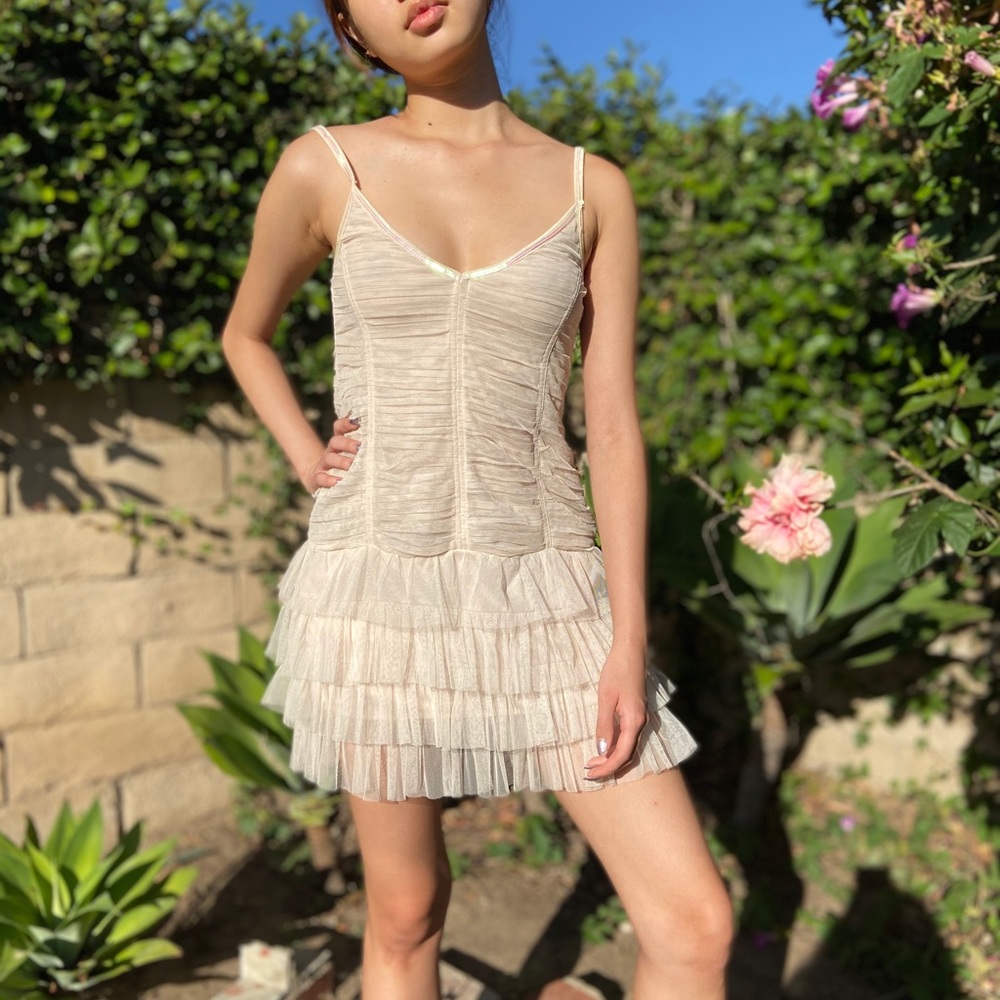 Vintage Beige Tulle Mini Dress - Picture 2 of 5